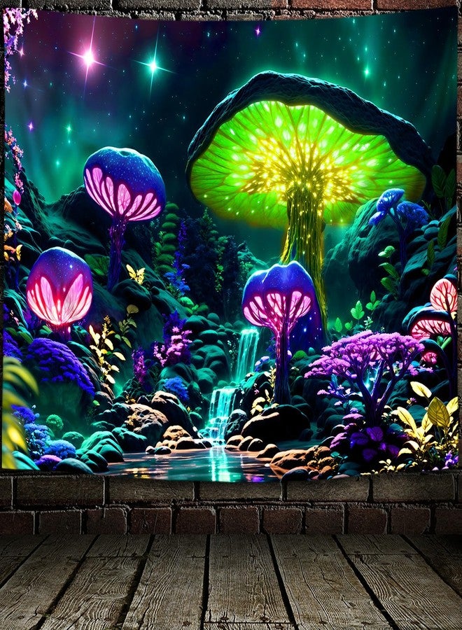 PSYHILAR Blacklight Poster Mushroom Tapestry for Bedroom Aesthetic, Colorful Neon Forest Wall Art Black Light Posters for Adults (59 x 51 Inches) - Image 4